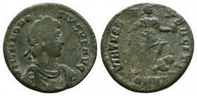 Theodosius I AD 379-395. Nicomedia Follis Av.: D N THEODO[SIVS P F AVG], pearl-diademed, draped and cuirassed bust right Rv.: VIRTVS EXERCITI, Emperor...