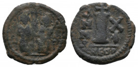 Justin II 565-578 AD, Antioch (Theoupolis) Mint, struck 575/576 AD (11 RY)

Obv.: Justin and Sophia enthroned facing, holding scepters and globus cr...