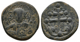 Atributted to Michael VII (1071 - 1078). AE Anonymous Follis, Class H, Constantinople mint.

Obv.: Facing bust of Christ, holding Gospels
Rv.:Patri...