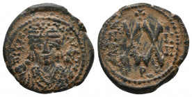 Maurice Tiberius, 582-602. Half Follis, Theoupolis (Antiochia), struck 585/586(RY 4)

Obv.:ΠITA… Crowned facing bust of Maurice Tiberius, wearing cr...
