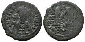 Maurice Tiberius, 582-602 AD, AE Follis, Cyzicus Mint, struck c. 584
Obv.:DNTIBER-MAVRICPPA, helmeted and cuirassed or crowned and cuirassed bust fac...