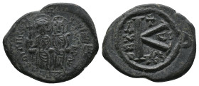 Justin II 565-578 AD,Thessalonica Mint, struck 570/571 AD

Obv.:DNTH... Nimbate figures of Justin and Sophia seated facing, with Justin holding glob...