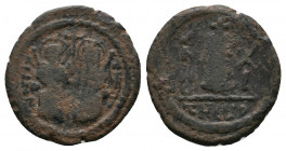 Justin II,565-578 AD, Antioch (Theoupolis) Mint, struck 575/576 AD
Obv.: NOSTI... Justin at left, Sophia at right, seated facing on double-throne, bo...