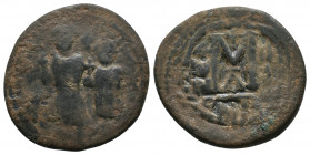 Heraclius, with Heraclius Constantine 610-641. Æ Follis Constantinople mint, 613
Obv.: Heraclius, on left, holding long cross, and Heraclius Constant...