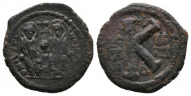 Justin II 565-578 AD, Antioch (Theoupolis) Mint, 569/570 AD

Obv.:DNISTI-NV...,Justin II, on left, and Sophia, on right, seated facing on double thr...
