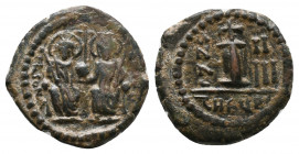 Justin II,565-578 AD, Antioch (Theoupolis) Mint, struck 569/570,
Obv. NOSTI... Justin at left, Sophia at right, seated facing on double-throne, both ...