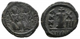 Justin II,565-578 AD, Antioch (Theoupolis) Mint, 576/577,
Obv.:…TIN…-…PPAVC Justin at left, Sophia at right, seated facing on double-throne, both nim...