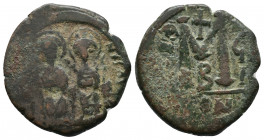 Justin II 565-578 AD, Constantinople Mint, struck 572/573 AD

Obv.:..NVSPP..., Justin II, on left, and Sophia, on right, seated facing on double thr...