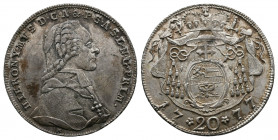 Salzburg Hieronimus Graf von Colloredo 1772 - 1803. 20 Kreuzer 1777- Mint state with wonderful patina
Weight: 6.63 g