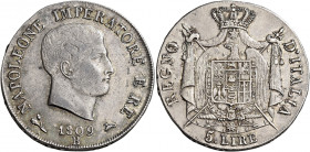 Bologna 
Napoleone I re d’Italia, 1805-1814. Da 5 lire 1809. Pagani 48. Chimienti 1197.
Rara. Migliore di BB