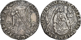 Napoli 
Alfonso II d’Aragona, 1494-1495. Coronato, AR 3,36 g. Sigle T (Giancarlo Tramontano m.d.z., 1488-1514) e F sormontata da fiore. Pannuti-Ricci...