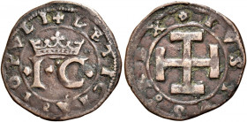 Napoli 
Giovanna “la pazza” con il figlio Carlo, 1516-1519. Sestino, Æ 2,11 g. Pannuti-Riccio 3. MIR 122.
Buon BB