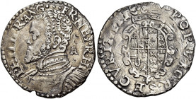 Napoli 
Filippo II di Spagna, 1554-1598. I periodo: principe di Spagna e re di Napoli, 1554-1556. Tarì, AR 5,74 g. Sigla IBR (Giovan Battista Ravasch...