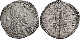 Napoli 
Filippo II di Spagna, 1554-1598. II periodo: re di Spagna e di Napoli, 1556-1598. Tarì, AR 5,93 g. Sigla IBR (Giovan Battista Ravaschieri m.d...