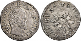 Napoli 
Filippo II di Spagna, 1554-1598. II periodo: re di Spagna e di Napoli, 1556-1598. Mezzo carlino 1582, AR 1,36 g. Sigle GR / VP (Germano Ravas...
