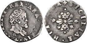 Napoli 
Filippo II di Spagna, 1554-1598. II periodo: re di Spagna e di Napoli, 1556-1598. Mezzo carlino, AR 1,09 g. Sigle GR (Germano Ravaschieri m.d...