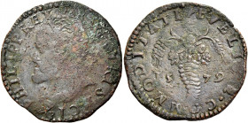 Napoli 
Filippo II di Spagna, 1554-1598. II periodo: re di Spagna e di Napoli, 1556-1598. Tornese 1579, Æ 6,76 g. Sigle GR / VP (Germano Ravaschieri ...