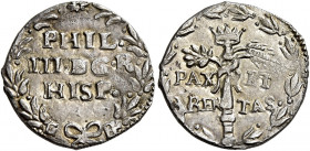 Napoli 
Filippo III di Spagna, 1598-1621. Da 3 cinquine, AR 2,10 g. Sigle FC / C (Giovanni Francesco Citarella m.d.z. e Michele Cavo m.d.p.). Pannuti...