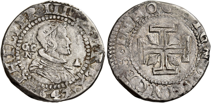 Napoli 
Filippo IV di Spagna, 1621-1655. Da 15 grana 1647, AR 4,84 g. Sigle GAC...