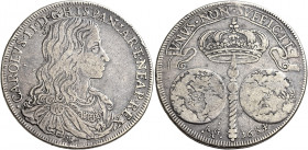 Napoli 
Carlo II di Spagna, 1665-1700. II periodo: re di Spagna, 1674-1700. Ducato 1684, AR 27,77 g. Pannuti-Riccio 1. MIR 292.
Raro. q.BB

Questo...
