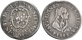 Pisa 
Francesco II di Lorena, 1737-1765. Mezzo giulio o grosso 1738, AR 1,26 g. Galeotti IX, 1/2. MIR 463.
Molto raro. Patina di medagliere, q.BB