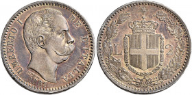 Savoia 
Umberto I re d’Italia, 1878-1900. Da 2 lire 1881. Pagani 591. MIR 1101a.
Patina iridescente su fondi lucenti, Fdc