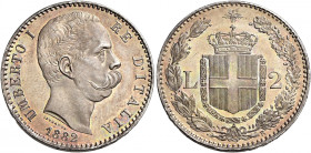 Savoia 
Umberto I re d’Italia, 1878-1900. Da 2 lire 1882. Pagani 592. MIR 1101b.
Patina iridescente su fondi lucenti, Fdc