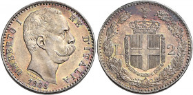 Savoia 
Umberto I re d’Italia, 1878-1900. Da 2 lire 1883. Pagani 593. MIR 1101c.
Patina iridescente su fondi lucenti, Fdc
