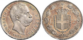 Savoia 
Umberto I re d’Italia, 1878-1900. Da 2 lire 1884. Pagani 594. MIR 1101d.
Patina iridescente su fondi lucenti, Fdc