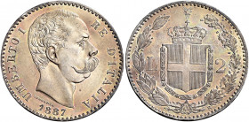 Savoia 
Umberto I re d’Italia, 1878-1900. Da 2 lire 1887. Pagani 597. MIR 1102a.
Patina iridescente su fondi lucenti, q.Fdc