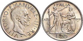 Savoia 
Vittorio Emanuele III re d’Italia, 1900-1946. Da 20 lire 1928/VI. Pagani 673. MIR 1128c.
Non comune. Patina iridescente, q.Fdc
