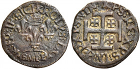 Sulmona 
Carlo VIII di Francia, 1495. Cavallo, Æ 1,69 g. MEC 14, 1055 var. D’Andrea-Andreani 32. MIR –.
Raro. Buon BB