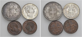 Lotto di quattro monete. Savoia. Umberto I re d’Italia, 1878-1900. Da 2 lire 1897. Pagani 598. Lira 1899. Pagani 606a. Da 2 centesimi 1900 (2). Pagani...
