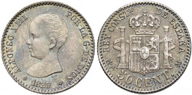 Spagna 
Alfonso XIII, 1885-1831. Da 50 centesimi 1899 Madrid.
Patina iridescente, q.Fdc