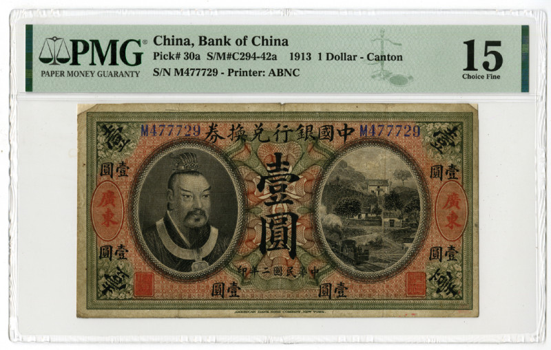 Bank of China, 1913 "Canton" Branch Issue Banknote
China. 1913. 1 Dollar - Cant...