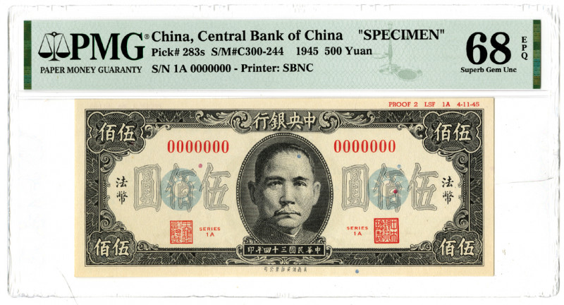 Central Bank of China, 1945 "Top Pop" Specimen Banknote
China. 1945. 500 Yuan, ...