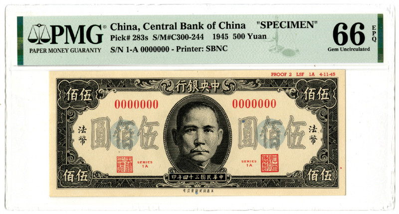 Central Bank of China, 1945 Issue Specimen Banknote.
China, 1945, 500 Yuan, Ser...