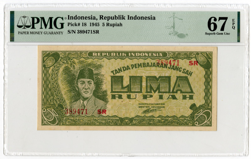 Republik Indonesia, 1945 "Top Pop" Issue Banknote
Indonesia. 1945. 5 Rupiah, P-...