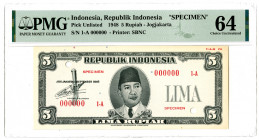 Republik Indonesia Unlisted 1948, 5 Rupiah Essay Specimen Banknote.