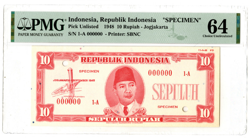 Republik Indonesia Unlisted 1948, 10 Rupiah Essay Specimen Banknote.
Indonesia,...