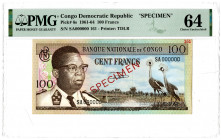 Banque Nationale du Congo. 1962 Specimen Banknote.
