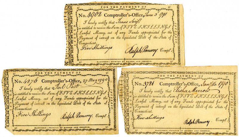 Connecticut Comptroller's Office, 1790-91 Issued Payment Trio
Hartford, Connect...