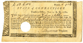 State of Connecticut, 1782 Treasury Office "Continental Army" Payment
