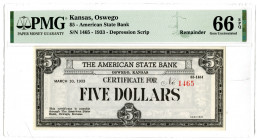 Oswego, Kansas. American State Bank, March 10, 1933 Unissued Depression Scrip.