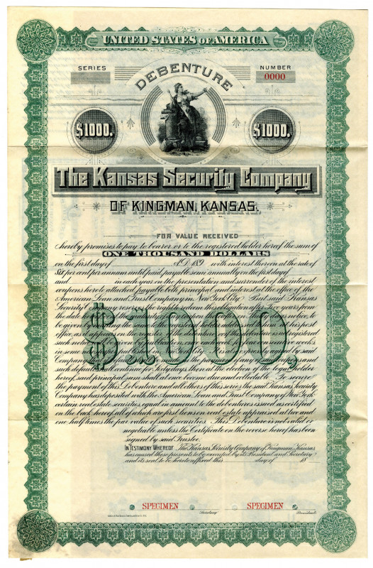 Kansas Security Co., ca.1880's Specimen Bond
Kansas. $1000 Specimen 6% Debentur...