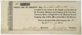Columbia Turnpike Road, 1814 I/U Stock Certificate.