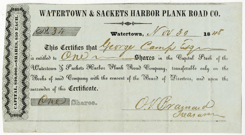 Watertown & Sackets Harbor Plank Road Co., 1848 Issued Stock Certificate
New Yo...