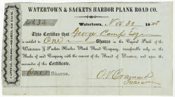 Watertown & Sackets Harbor Plank Road Co., 1848 Issued Stock Certificate