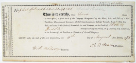 Susquehannah and Lehigh Turnpike Road, 1816 I/U Stock Certificate Issued to Thomas Biddle.