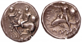 Calabria, Tarentum, Silver Nomos (7.85 g) ca. 281-270 BC. Helmeted soldier on horseback riding left, holding round shield in left hand, Nike stands be...
